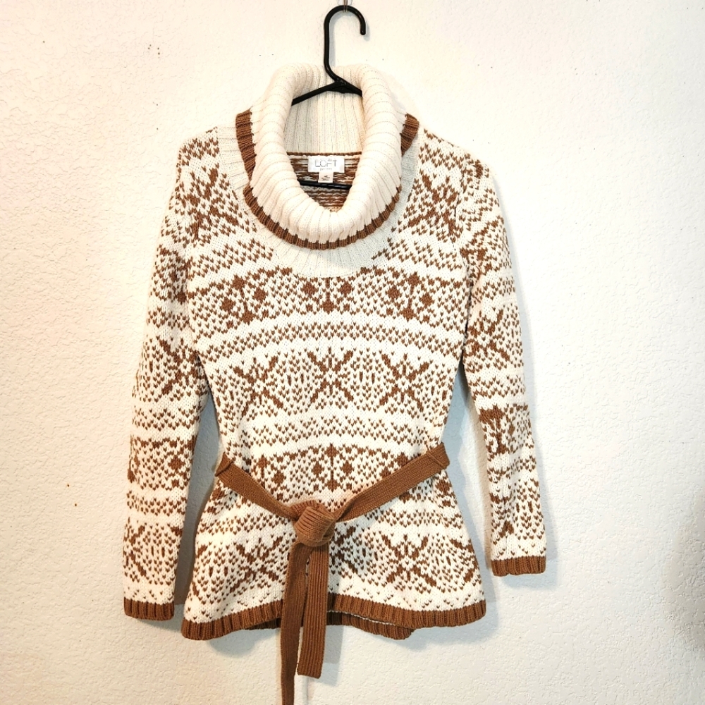 LOFT Cowl Neck Belted Fair Isle Sweater, Size‎ MP
